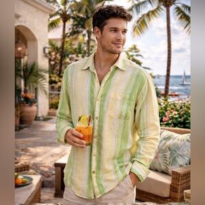 Tommy Bahama Relax Linen Shirt Men’s S Green Yellow Beach Coastal Button Up